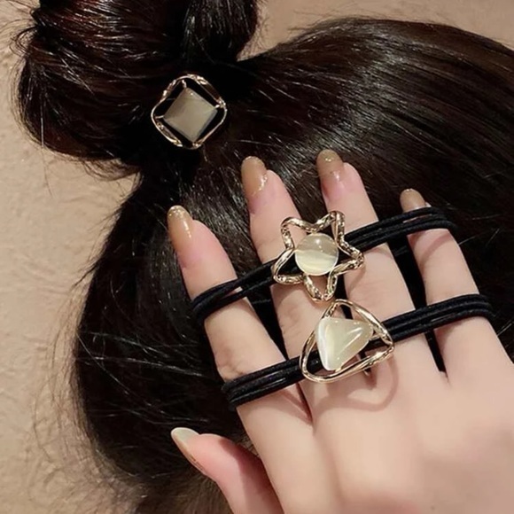 Geometric Glam Hair Tie Set of 3 – Triangle, Square & Star Accents in Gold Frame - Picture 5 of 5